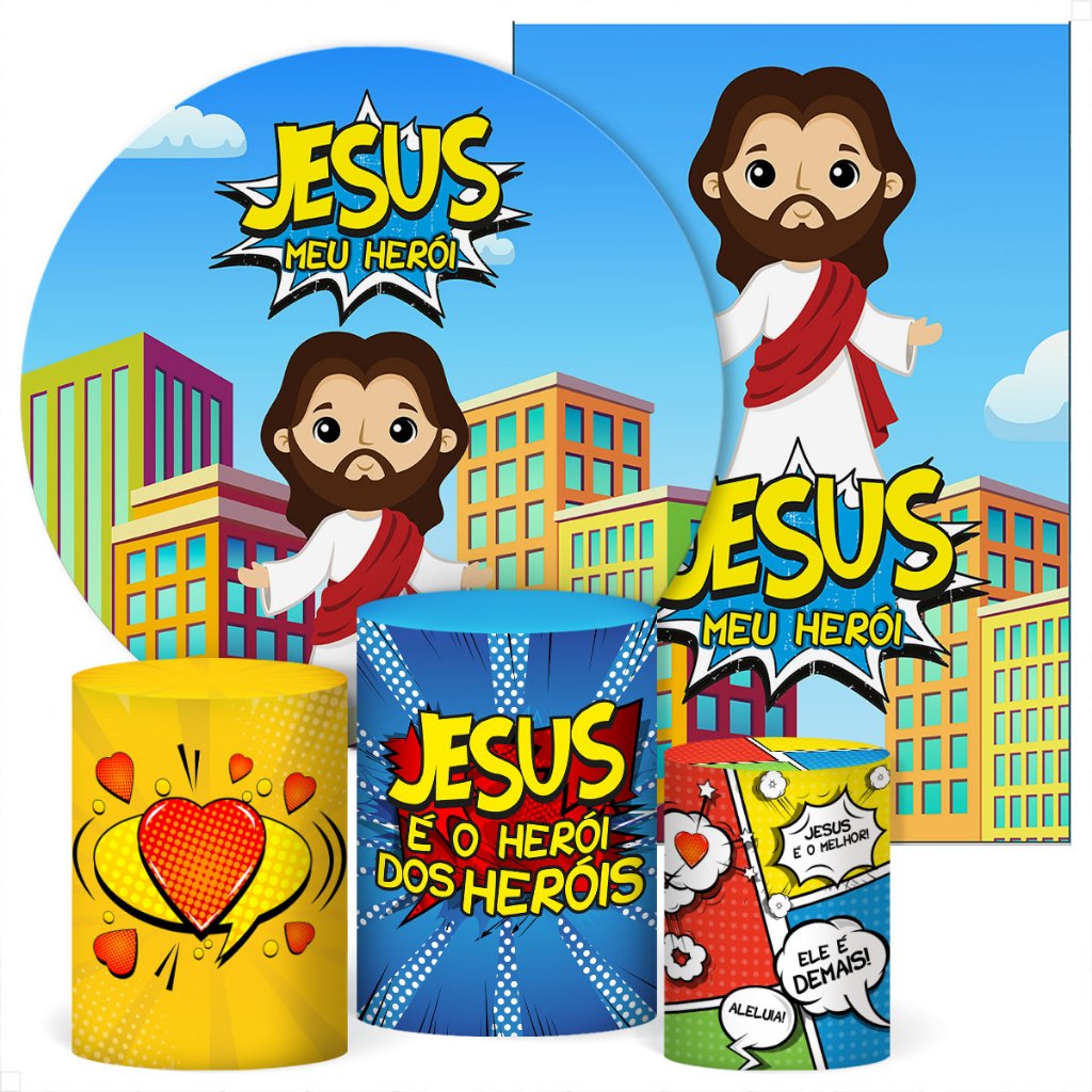 Painéis Casado + Trio Capas Cilindros Jesus é Meu Herói Veste Fácil Sublimado Em Tecido