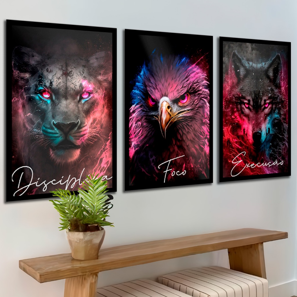 Kit 3 Quadros Leão Águia Frase Motivacional Foco Disciplina Execução Para Escritório Sala Quarto