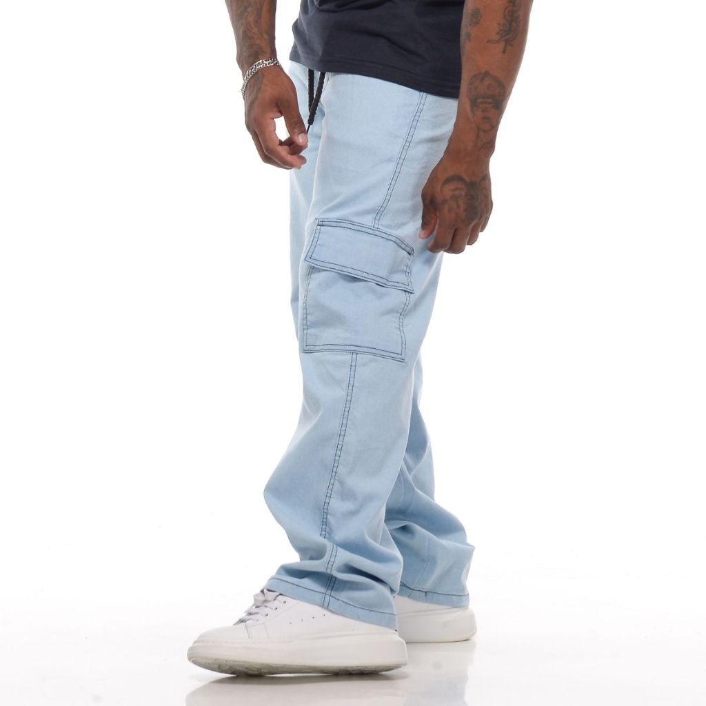 Calça Cargo Skatista Masculina Jeans Claro Cos Elástico Cordão