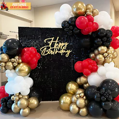 Kit 175 Balão Latex e Cromado - Preto + Vermelho + Branco + Dourado Cromado, Decoração Aniversários.