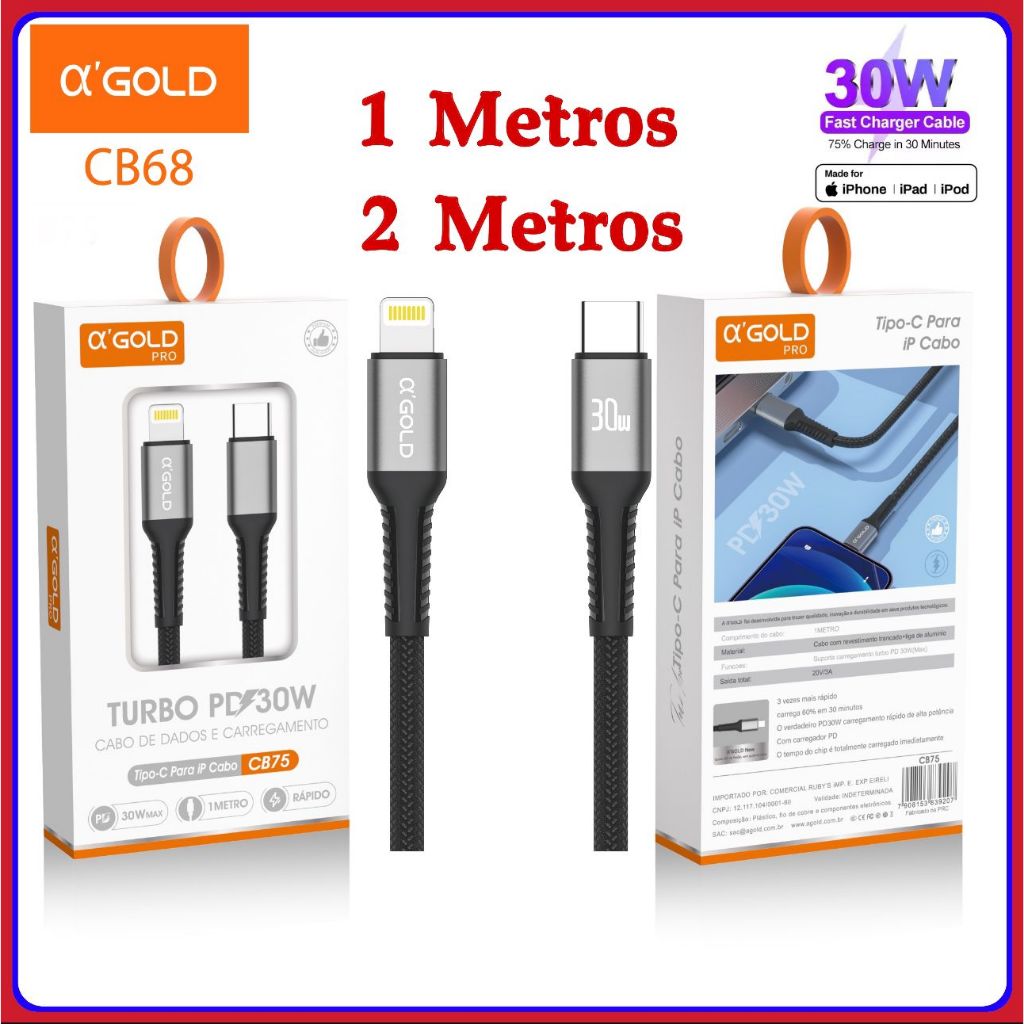 Cabo de iPhone Turbo 30W PD USB C Para Lightning Qc 4.0 original A