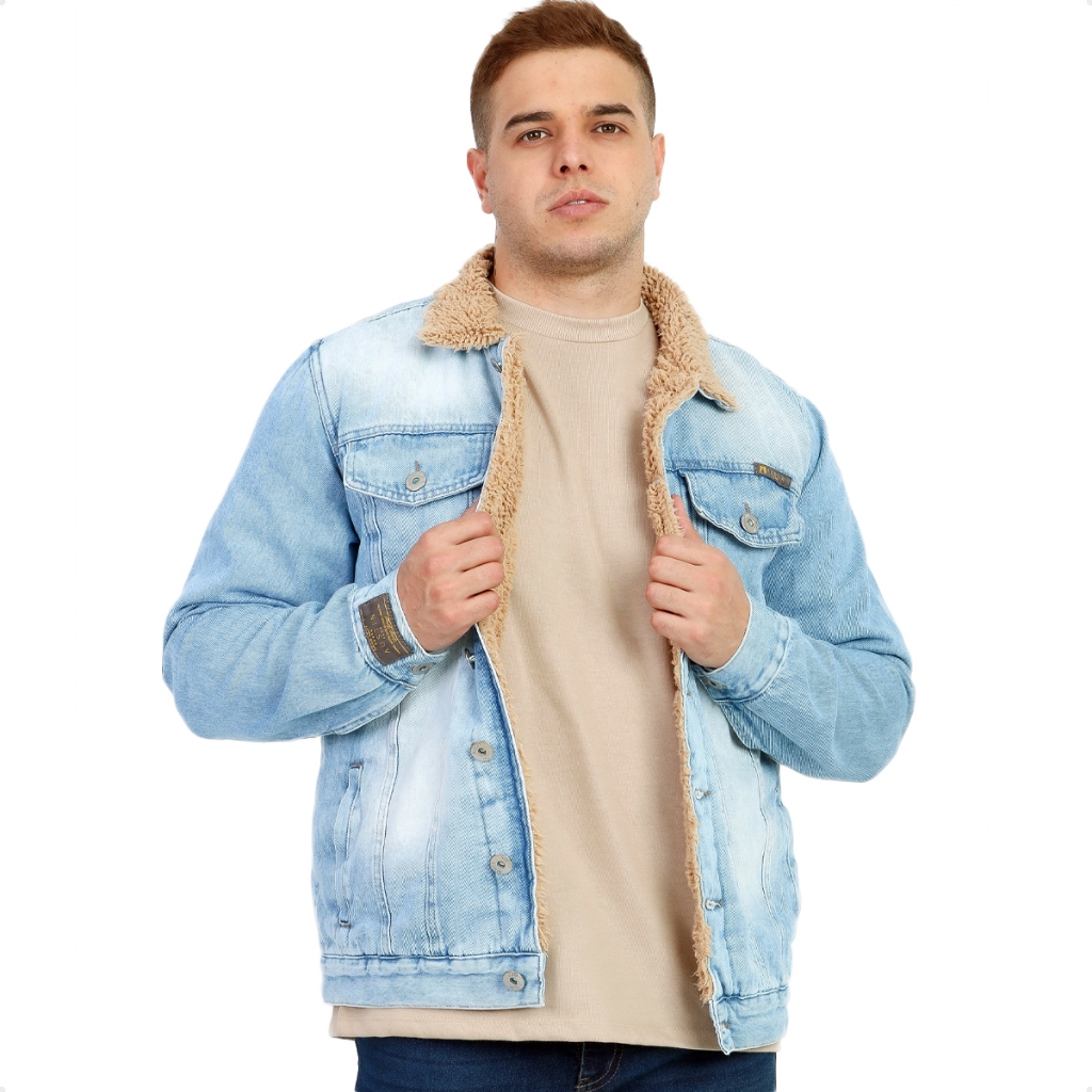 Jaqueta Jeans Clara Masculina Casaco Com Pelinho Caramelo Forro Pelo de Carneiro Inverno Jaqueta