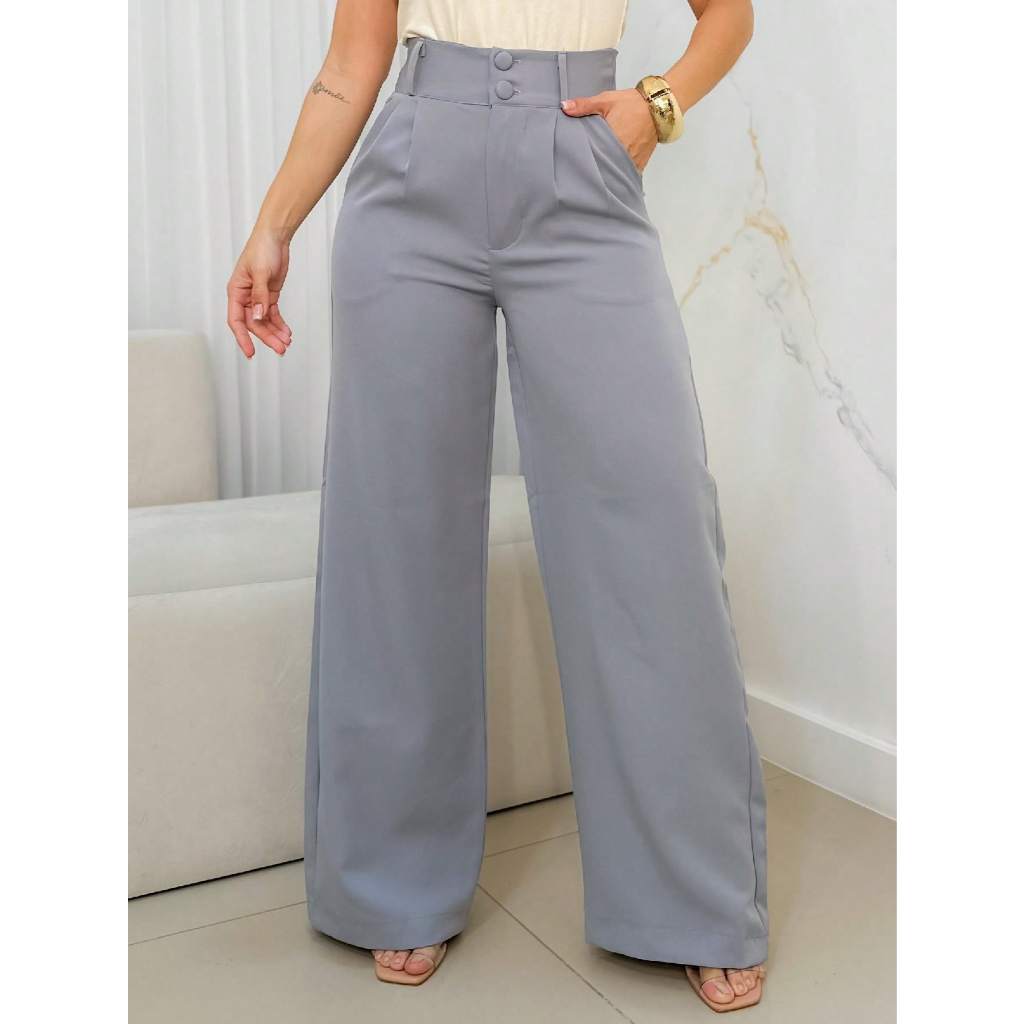 Calca feminina alfataria cintura alto com botao sem cinto em Oferta na Shopee