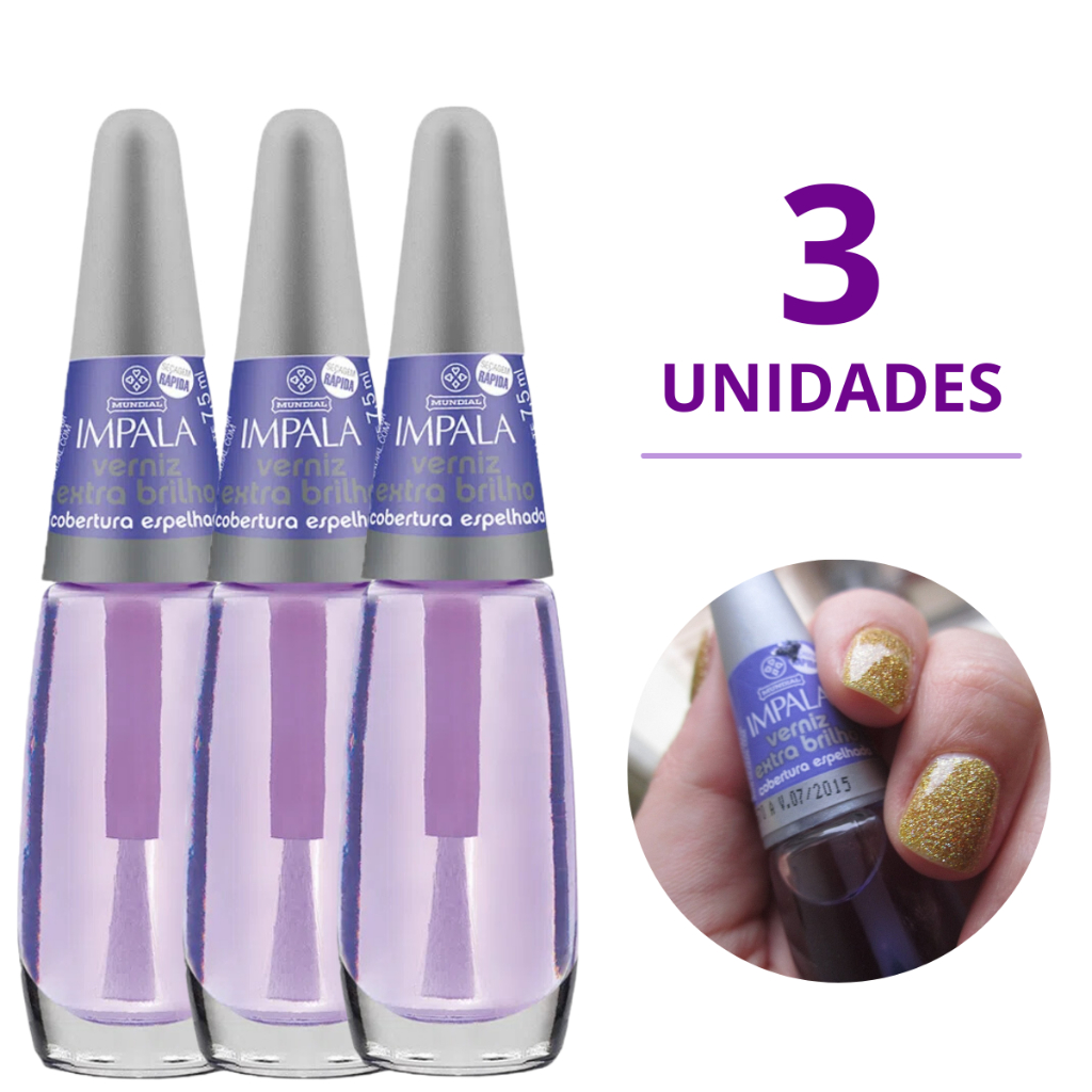 Kit 3 Esmaltes Impala Verniz Extra Brilho Cobertura Espelhada Manicure e Pedicure