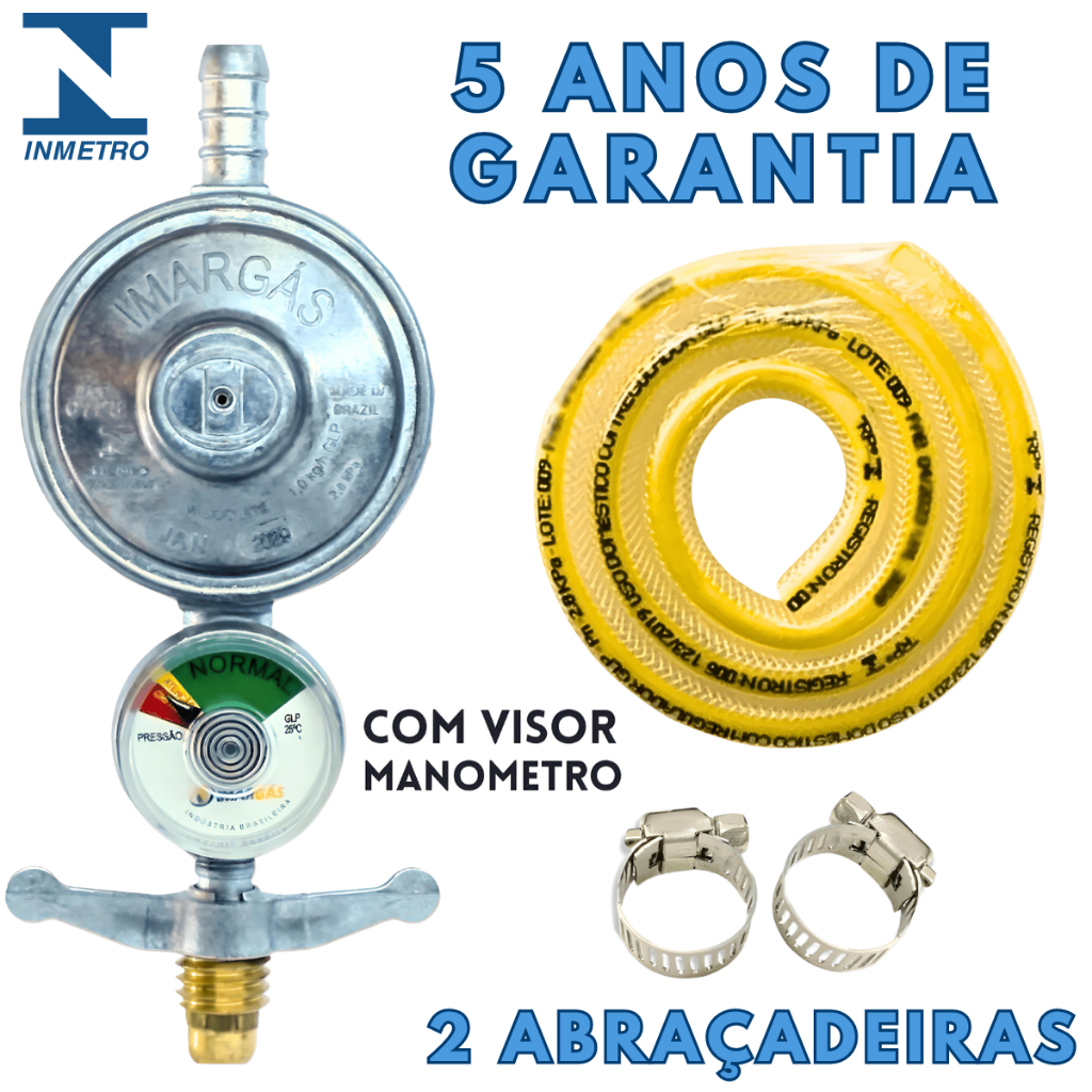 Registro Regulador De Gas Cozinha Visor Manômetro 1KG/H Mangueira 1,25m Abraçadeiras Botijão 13kg