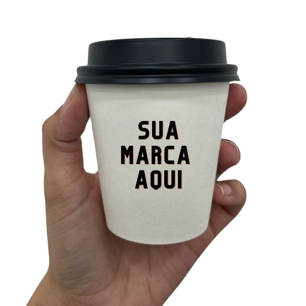 Copo de Papel 210ml Personalizado Biodegradável com Tampa Preta -  50 unidades
