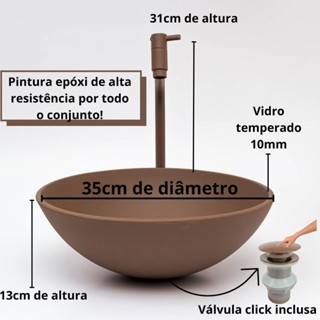KIT CUBA DE VIDRO P/ BANHEIRO LAVABO REDONDA 35CM + TORNEIRA LINK ALTA E VÁLVULA CLICK COR FOSCA em Oferta na Shopee