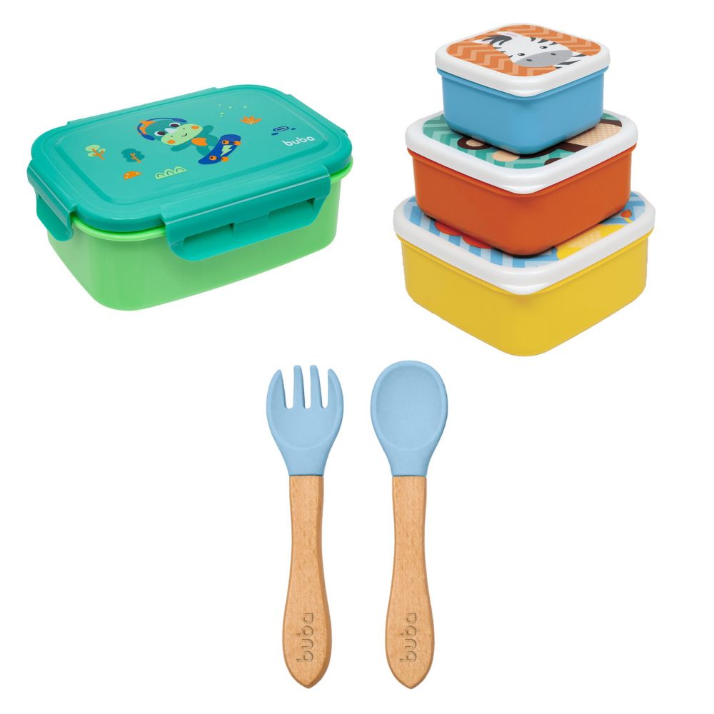 Kit Hora do Lanche Bento Box Dino com Potinho Animal Fun e Talher em Silicone Azul com Cabo de Bambu – Buba