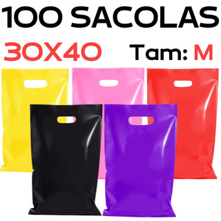 100UN Sacolas Plásticas 30x40 Alça Vazada Boca De Palhaço Pronta Entrega Várias Cores Tamanho M