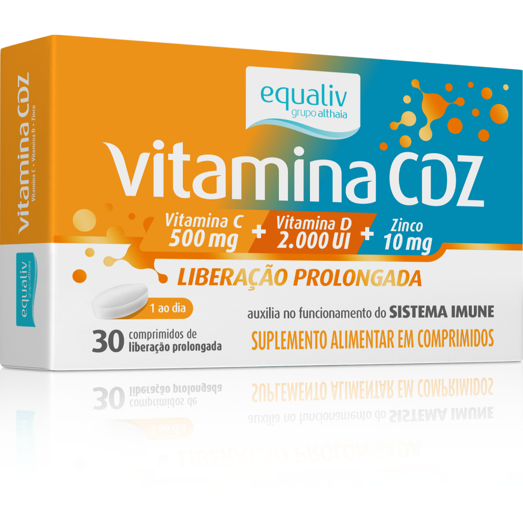 Vitamina CDZ Vitamina C 500 mg + Vitamina D 2.000 UI + Zinco 10 mg  30 Comprimidos de Liberação Prolongada Equaliv