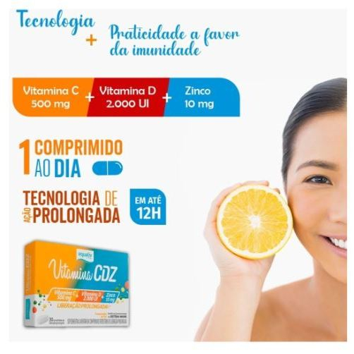 Vitamina CDZ Vitamina C 500 mg + Vitamina D 2.000 UI + Zinco 10 mg  30 Comprimidos de Liberação Prolongada Equaliv