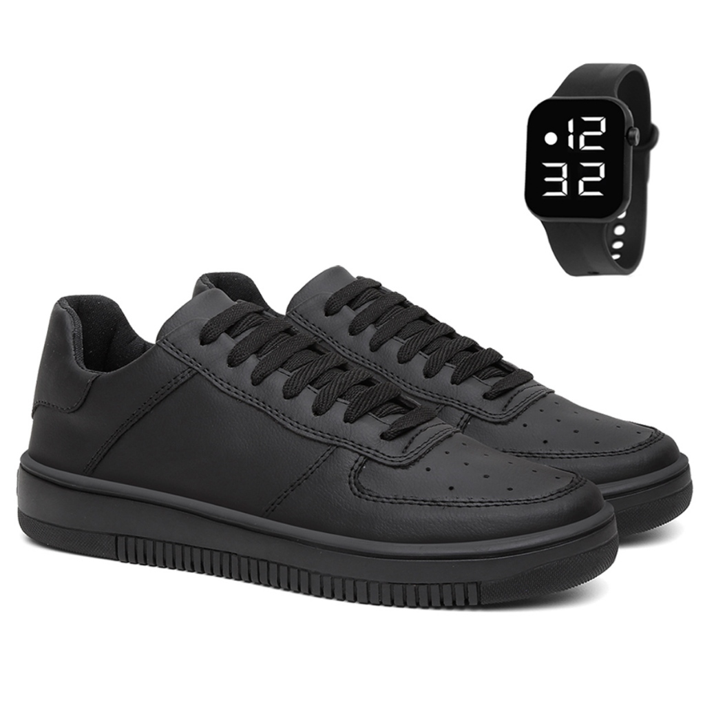 Tenis Sapatenis Casual Air Masculino Force Caminhada Forrado Espuma Couro Sintético + Relógio Kit