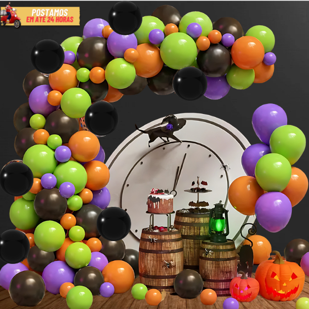 Kit 200 Balão Halloween - Verde Claro + Lilás + Laranja + Preto Decoração Aniversário Eventos