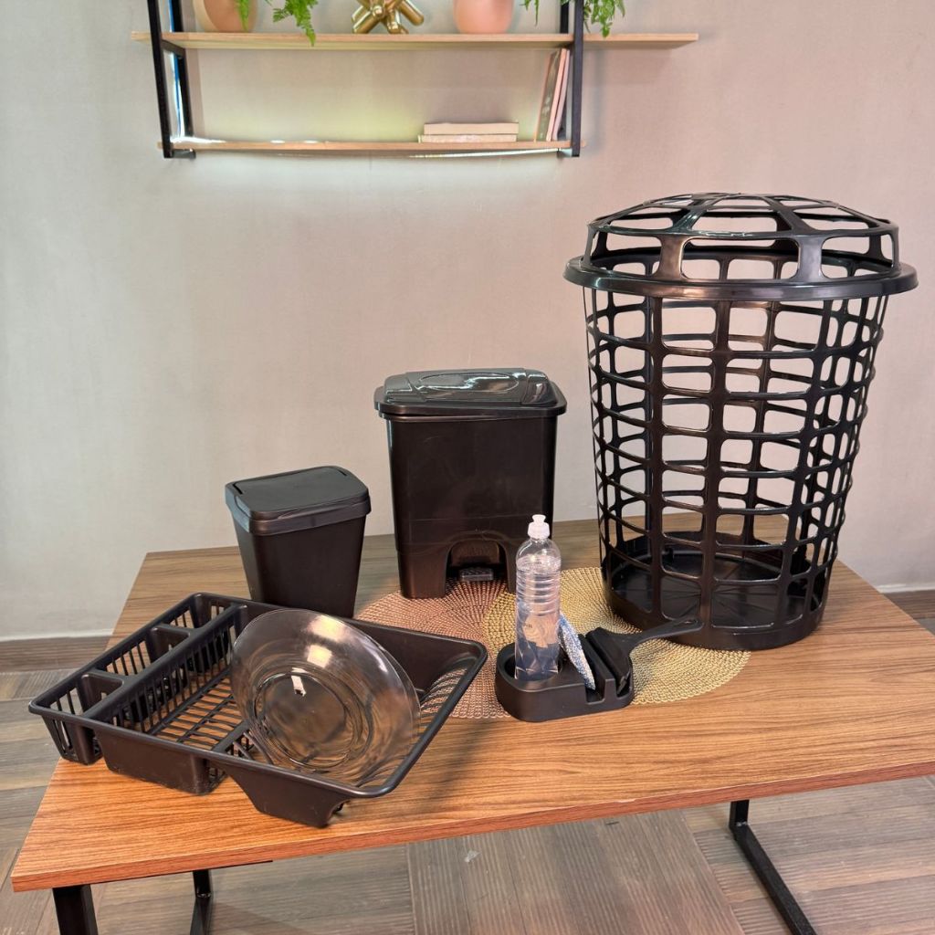Conjunto Cesto 60 Litros Telado, Lixeira Com Pedal 13 Litros, Lixeira De Pia 4,8 Litros, Escorredor 13 Pratos