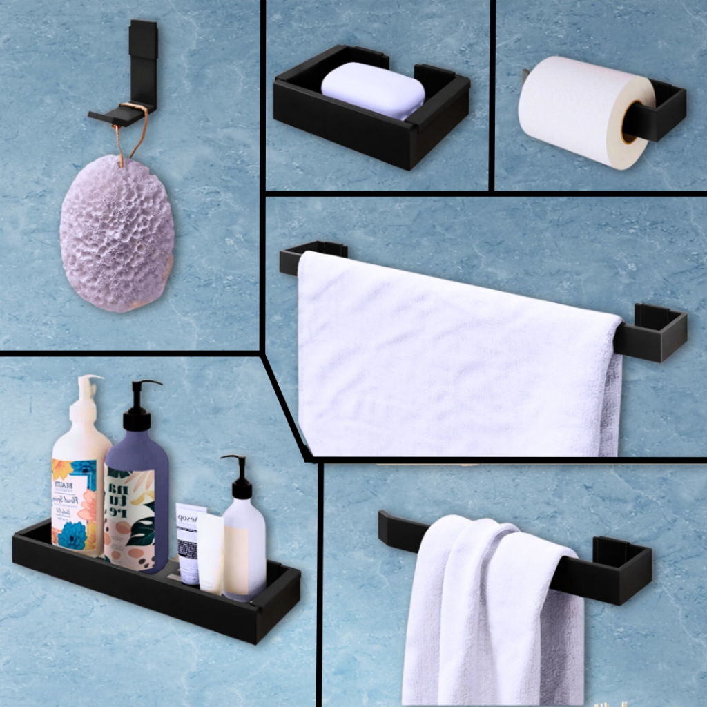 Acessórios Para Banheiro Kit c/ 6 Peças - Alumínio Espacial Porta Shampoo Toalha Sabonete - Mazzal