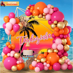 Kit 175 Balão Tema TARDEZINHA - Pink + Laranja + Rosa + Dourado Cromado Decoração Aniversário.