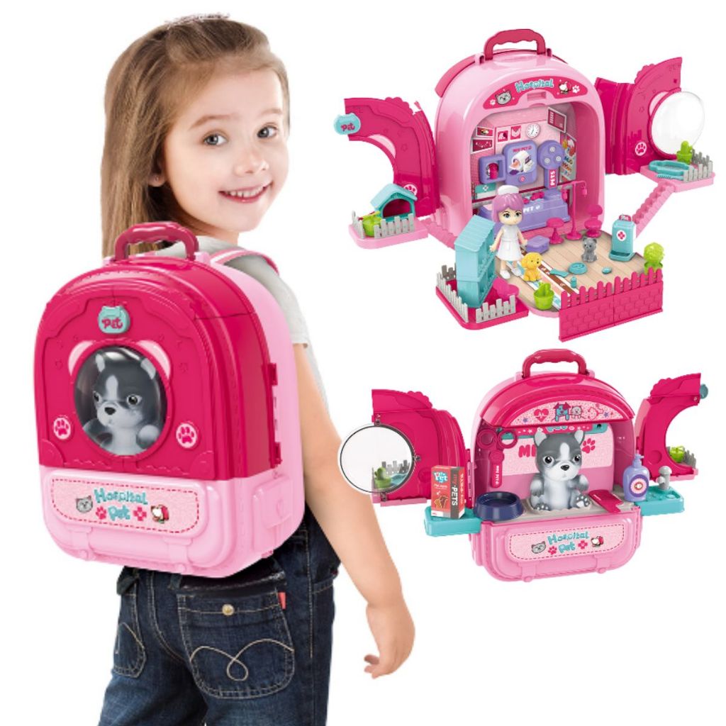 Mochila Pet 2 em 1 Cat Dog Com Visor Infantil Rosa e Amarela Ferramentas Menina Menino