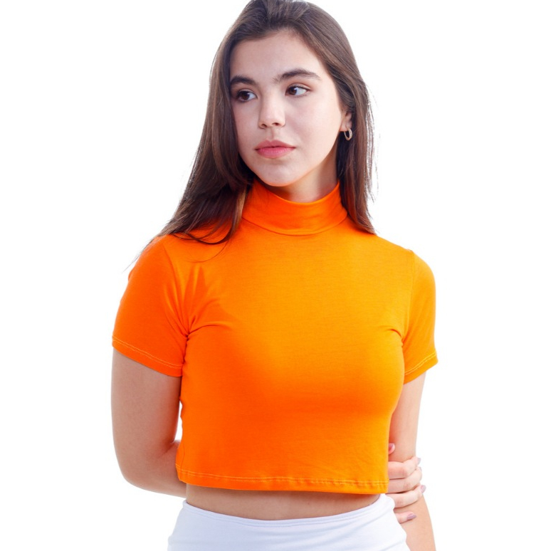 Cropped Gola Alta Laranja Moda Cacharrel Feminina Manga Curta