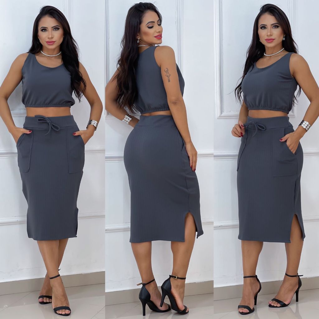 Conjunto Cropped e Saia Tendencia da Moda em Oferta na Shopee