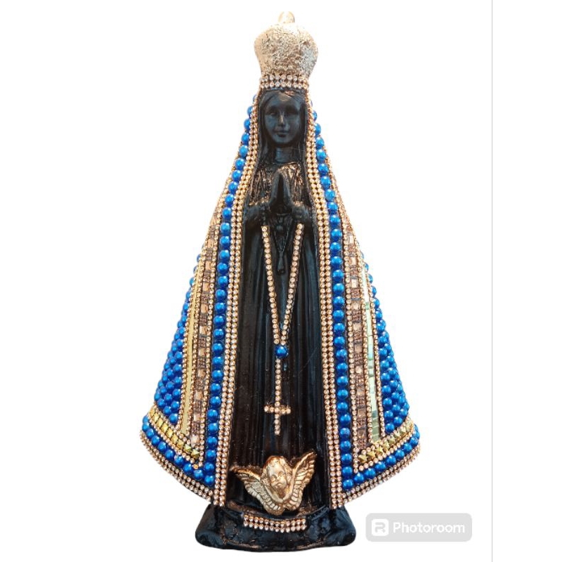 Imagem de Nossa Senhora Aparecida 33cm Frente Preta de Pérola Azul Strass Pedraria de Gesso Italiana! em Oferta na Shopee