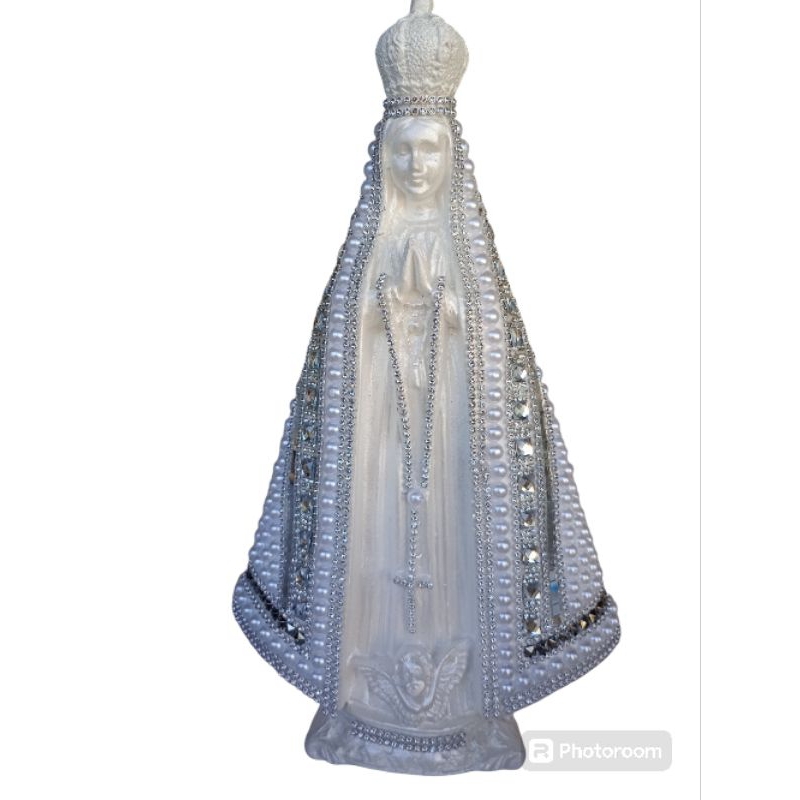 Imagem de Nossa Senhora Aparecida 33cm Branca Inteira de Pedraria Prata Gesso Pérola Grande e Strass Italiana!