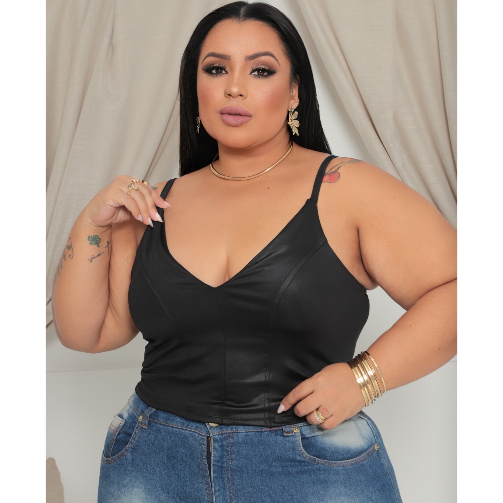 Croped courino Alça plus size com bojo ciriê decote em v blusas feminina