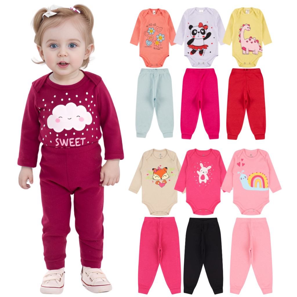 Kit 10 Peças de Roupas para Bebê Menina (5 Body Longo + 5 Calça Mijão)Kit 5 Conjunto Body + Calça Roupa Infantil Bebê em Oferta na Shopee