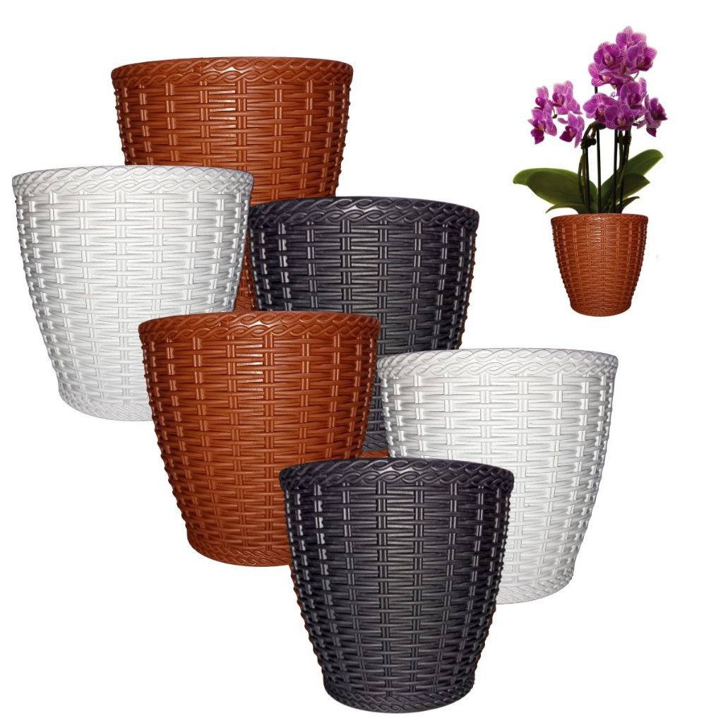 Kit 6 Vaso Cachepot Redondo Rattan n 02 Para Mini Orquídea Flores Plantas Cores Mármore Cerâmica Preto p/ Pote 11 10,5cm