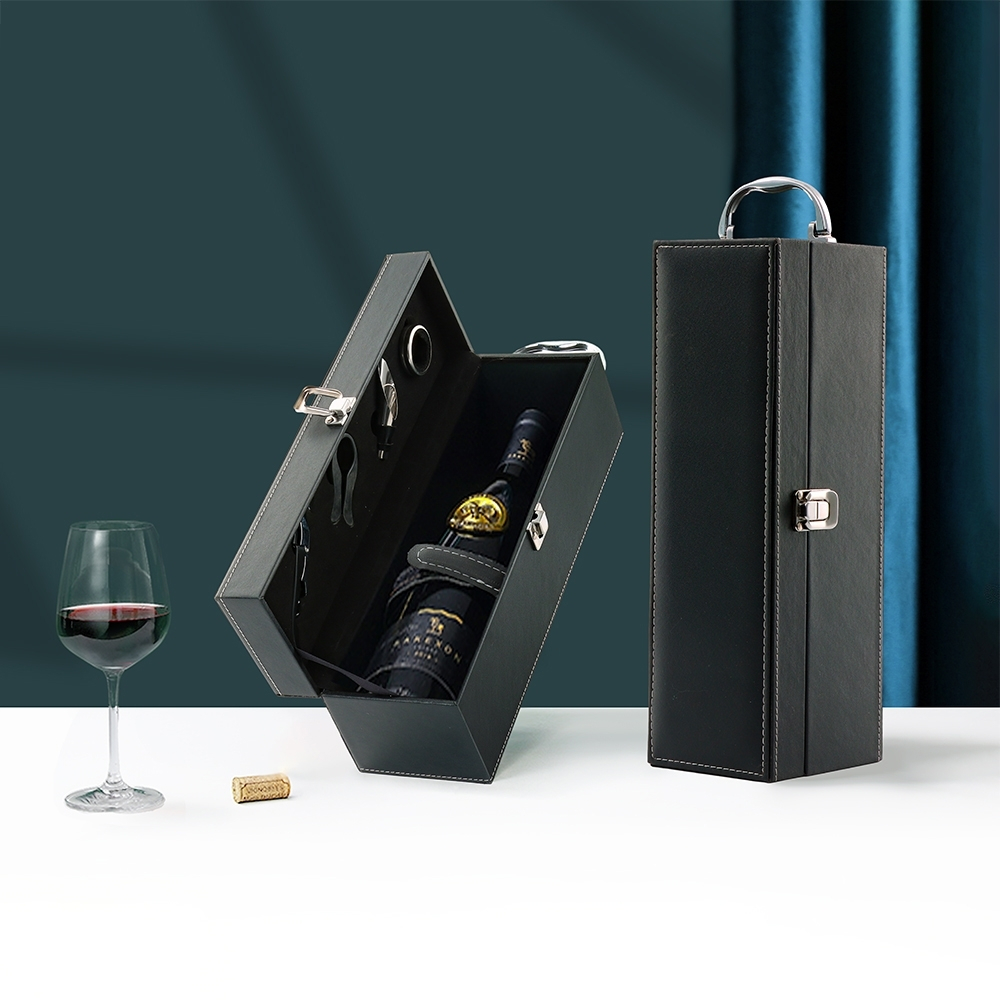 Kit Vinho 4 Peças para 1 garrafa maleta com alça couro sintético