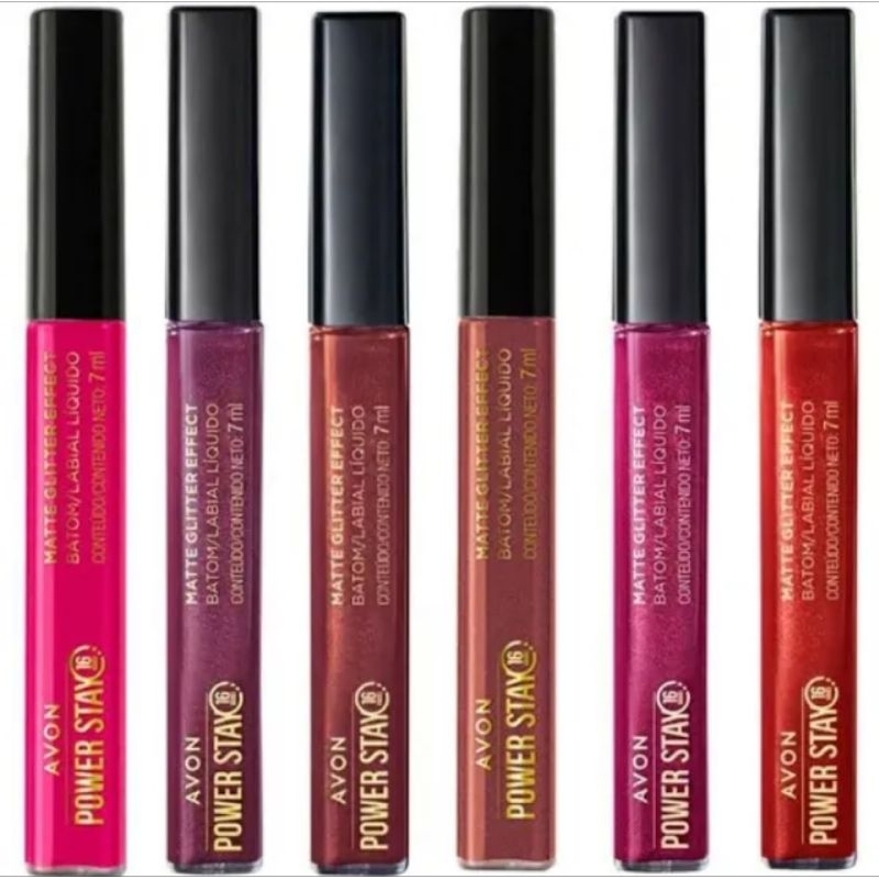Batom Liquido Matte Glitter Effect Avon Power Stay 7ml: nude radiante, malva, magenta, cereja
