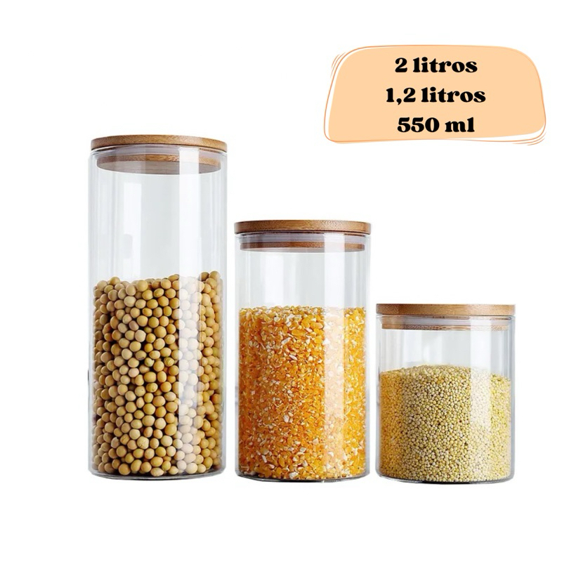 CONJUNTO 3 POTES HERMÉTICOS VIDRO PARA ALIMENTO COM TAMPA BAMBU KIT 2 LITROS 1 L 550 ML P/M/G