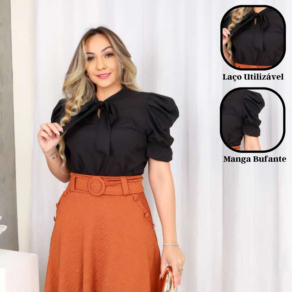 BLUSA EMILY PRETA MANGA CURTA GOLA LAÇO em Oferta na Shopee