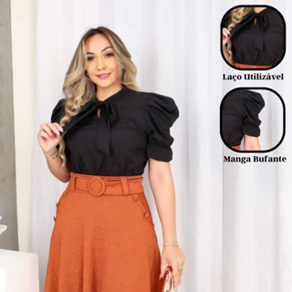 BLUSA EMILY PRETA MANGA CURTA GOLA LAÇO em Oferta na Shopee