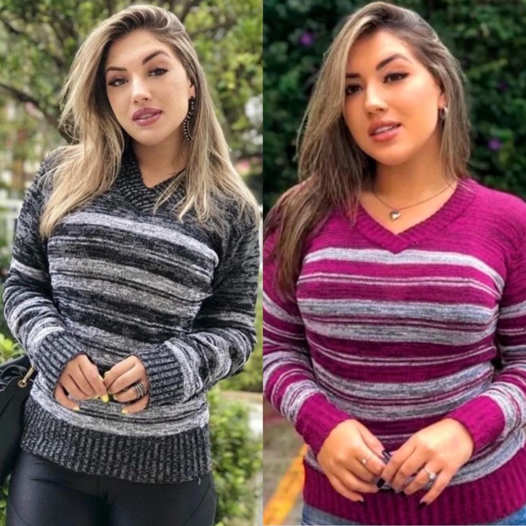 Kit 2 Blusas Tricô Manga Longa Gola V Listrado Tricot Feminino
