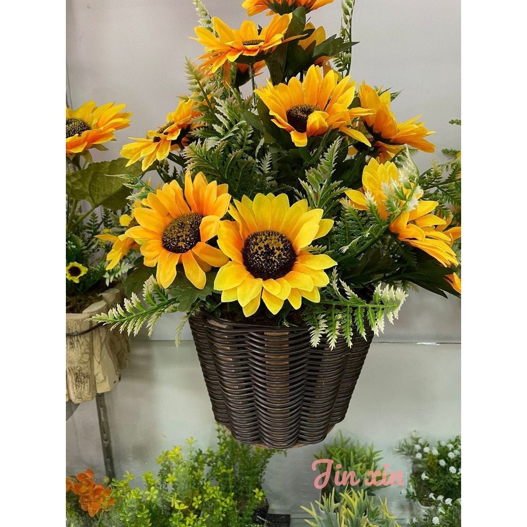 Buquê Flores Girassóis, Flores Artificiais Grande Folhagem Decoração