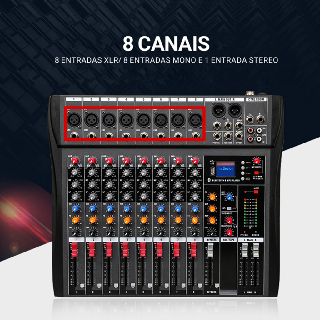 Detalhes do Vedo 8 canais misturador de som áudio mixagem dj controlador cartão de mesa mp3 player profissional consoles interface