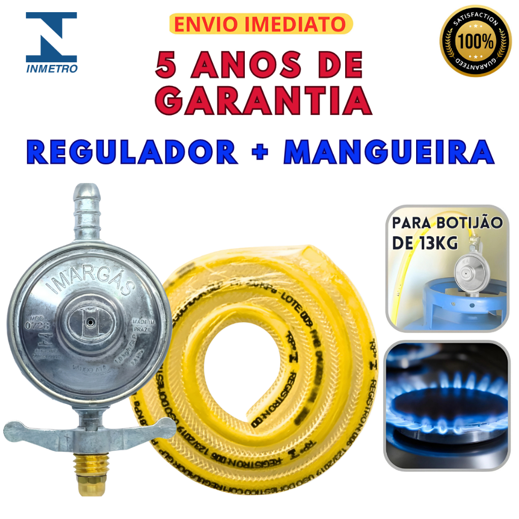 Regulador Registro de Gás de Cozinha Botijão 13k 1kg/h Kit Com Mangueira para Fogão