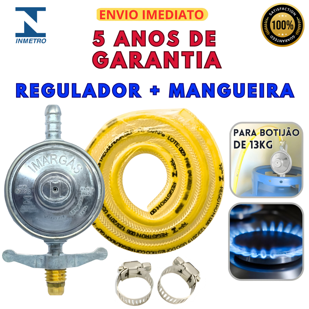 Registro Regulador de Gás de Cozinha Botijão para 13k com Mangueira 1Kg/h com Abraçadeiras Fogão Kit