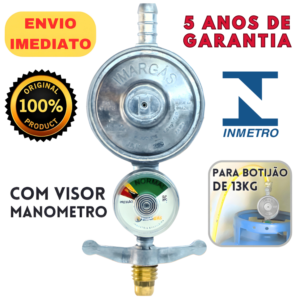Registro Gas Regulador Com Visor Marcador Manometro para Botijão 13kg de Cozinha