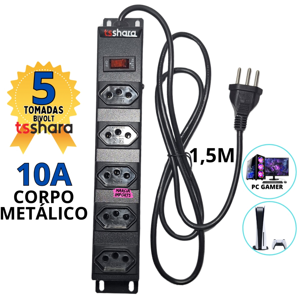 Filtro de Linha Metálico 5 ou 3 Tomadas 10A Bivolt Regua Eletrica 3 Pinos cabo 1,5Metro Ts Shara