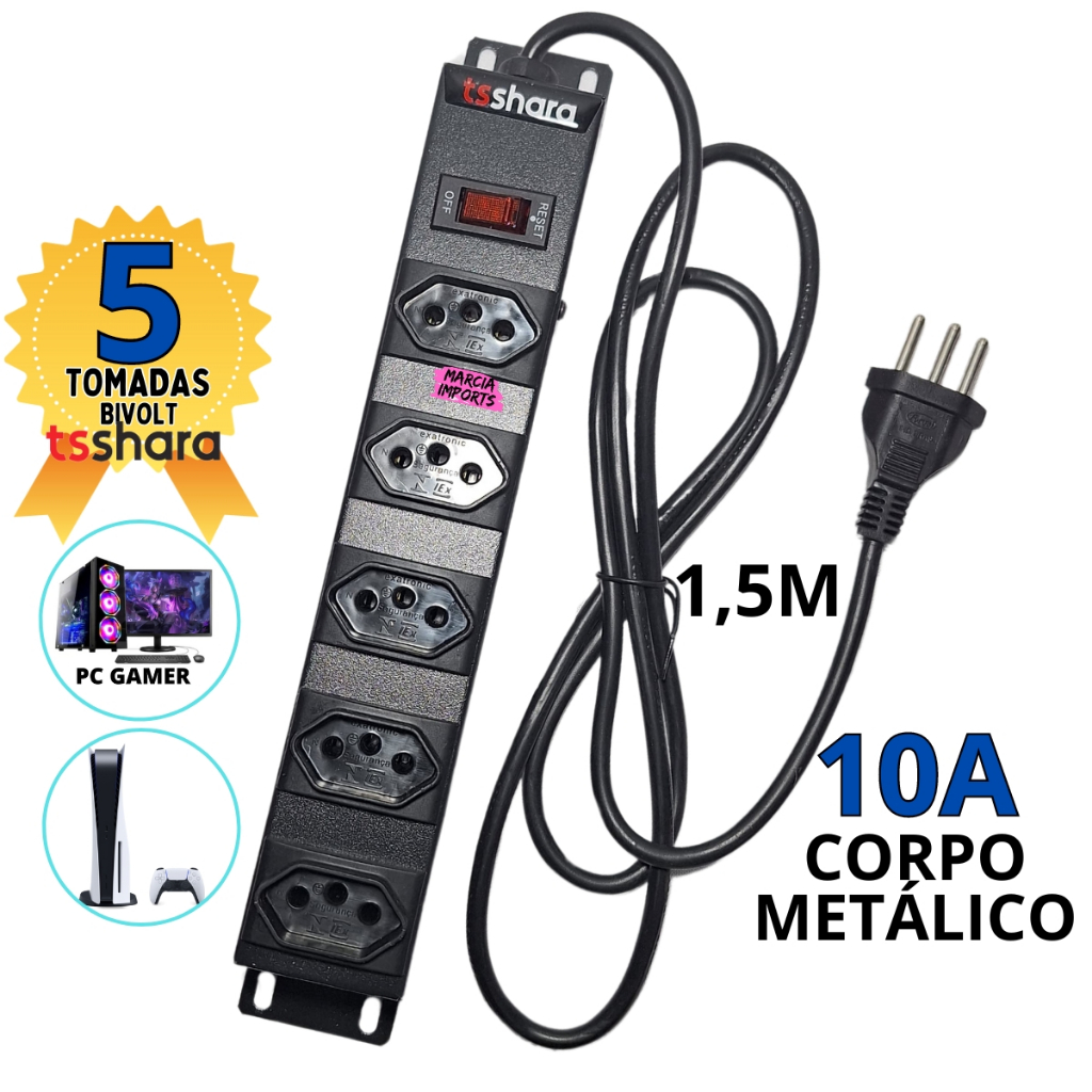 Filtro de Linha Metálico com 3/5 Tomadas 10A Bivolt 3 Pinos C Cabo 1,5Metro Regua Eletrica Ts Shara