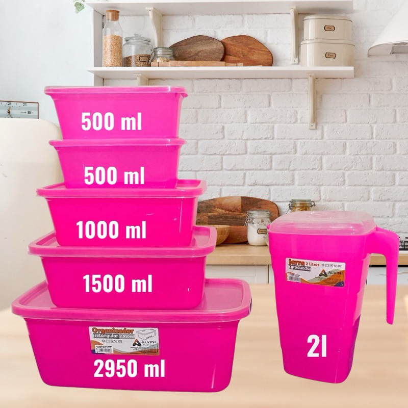 kit pote de plástico retangular rosa neon + jarra rosa neon tampa transparente vasilhas organizadoras para cozinha 5 pote + 1 jarra