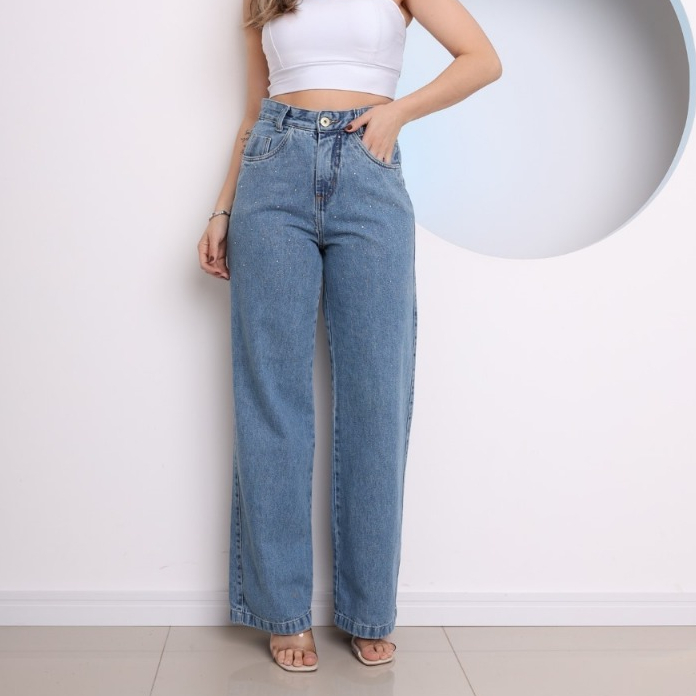 Calça jeans wide leg com brilho novo feminino em Oferta na Shopee