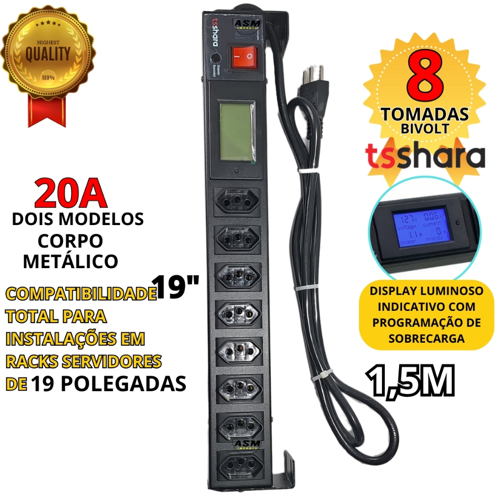 Filtro d Linha 8 Tomadas 20Amperes c Display Suporte c Disjuntor Rearmável Cabo 1,5M Bivolt Ts Shara