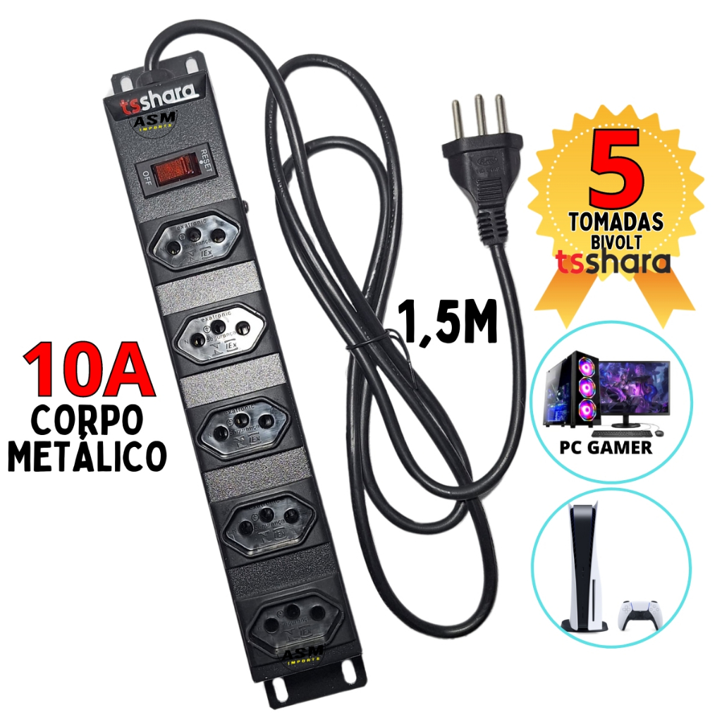 Regua Eletrica 3 ou 5 Tomadas Metálico 10A Bivolt 3 Pinos cabo 1,5Metro Filtro de Linha TS Shara
