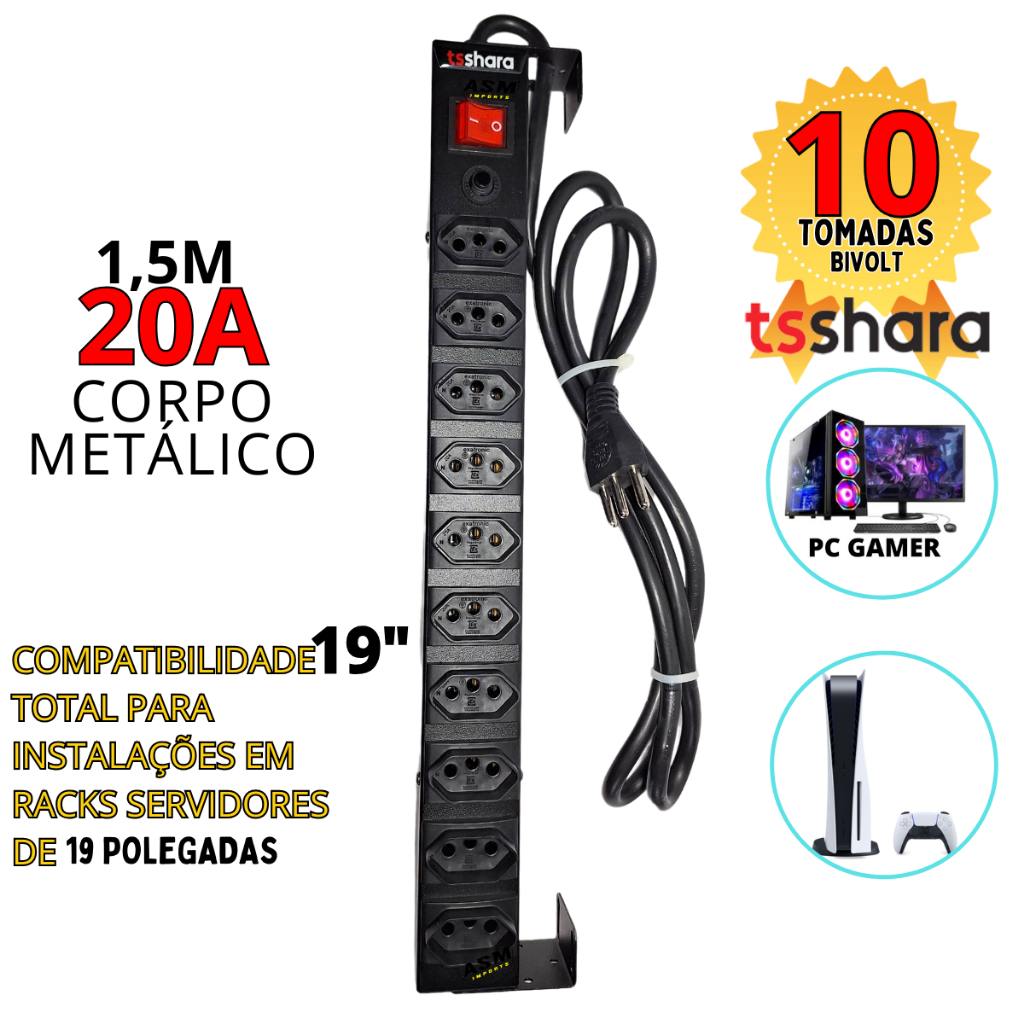 Filtro de Linha 10 Tomadas da Ts Shara 20Amperes Bivolt c/ disjuntor rearmável Cabo de 1,5Metros Top