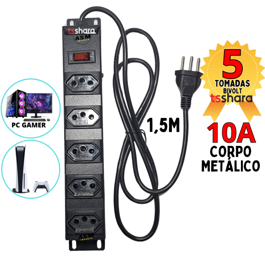 Filtro de Linha 5 ou 3Tomadas Metálico 10A Bivolt Regua Eletrica TS Shara 3 Pinos cabo 1,5Metro 10A