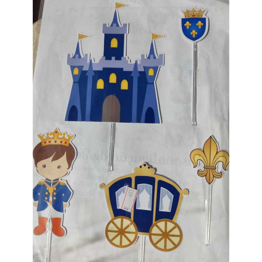 Topo de bolo Príncipe castelo azul menino topper escudo