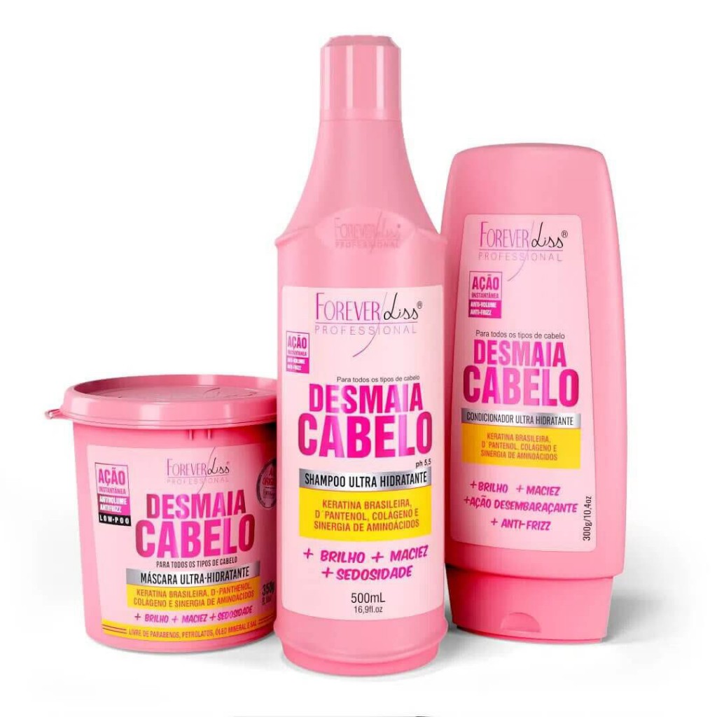 Kit Desmaia Cabelo Ultra Hidratante Forever Liss Shampoo 500ml + Máscara 350g + Condicionador 300g