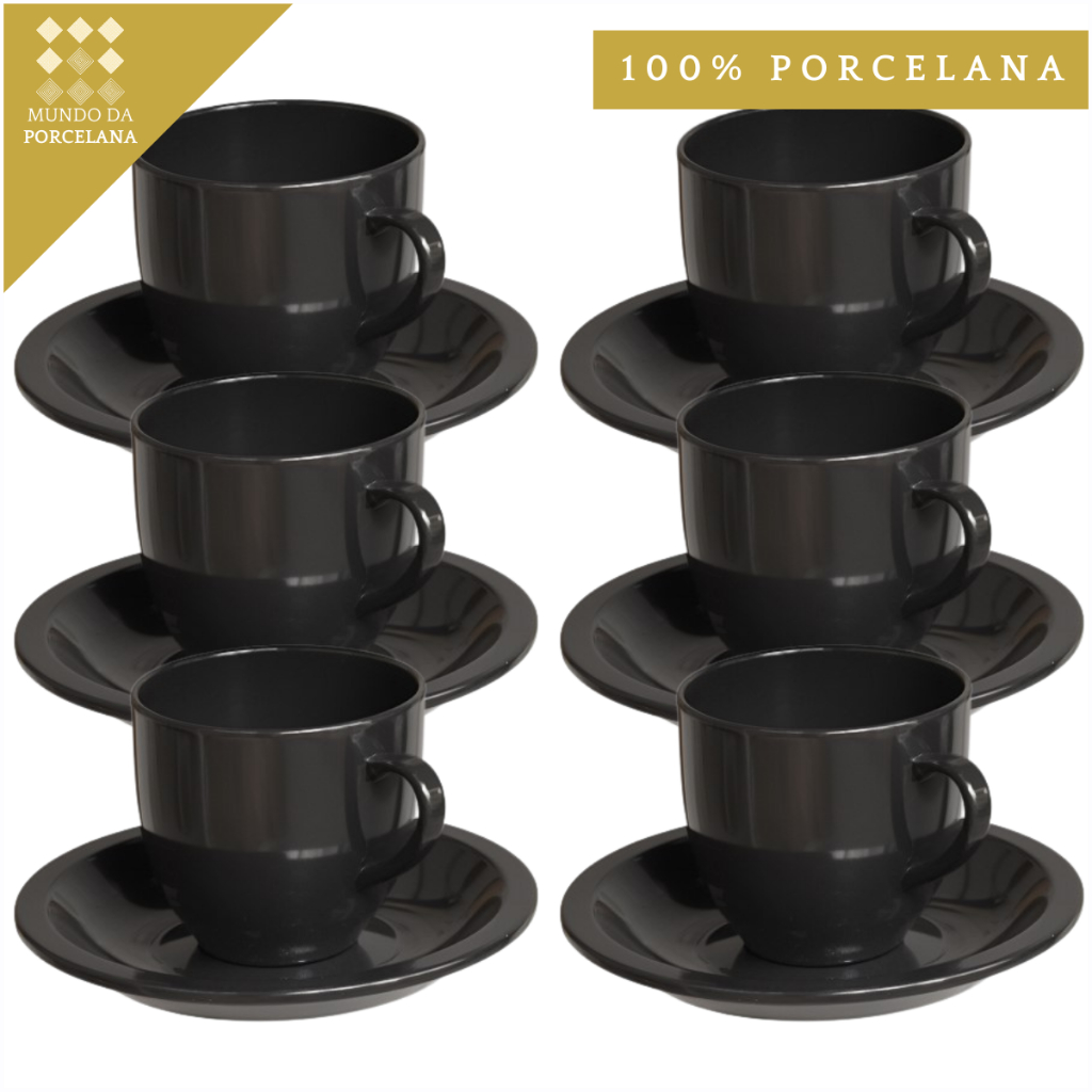 Jogo 6 Xicara de Café Preta com Pires 95ml Porcelana